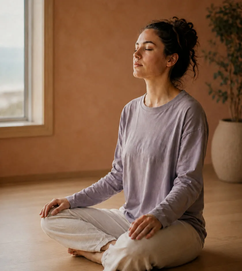 A woman sitting cross-legged on a wooden floor beside a window, eyes closed, mid-breath