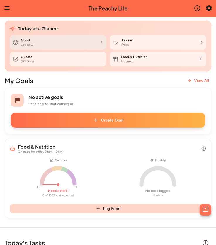 The Peachy Life app dashboard showing mood tracking, biometric data, and personalised insights