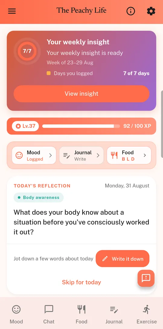 The Peachy Life home screen, with this week's insight ready to read