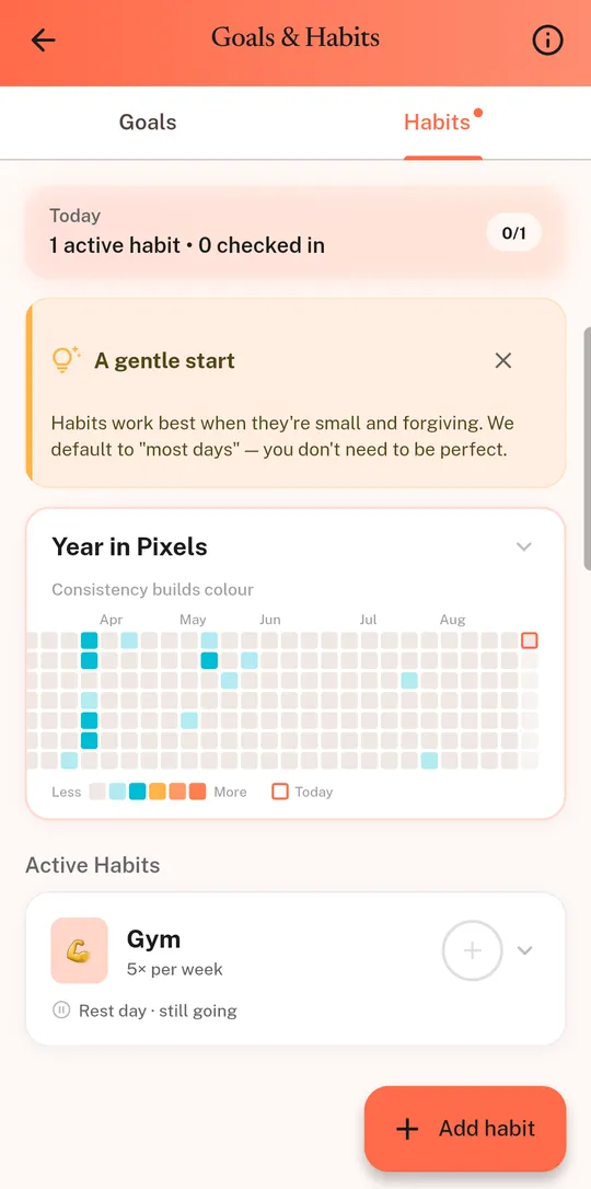 A goals screen showing habits and progress