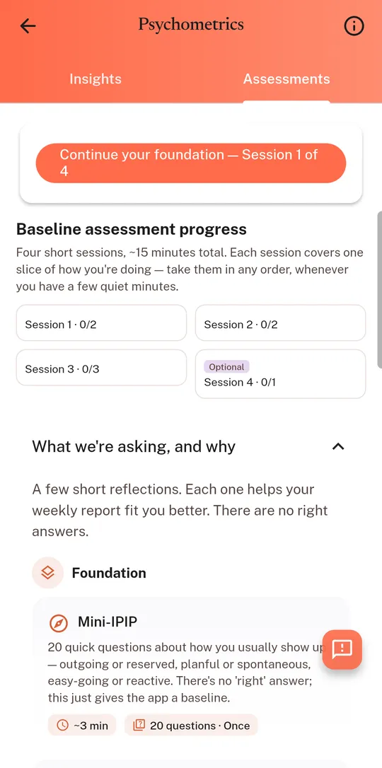 A list of optional baseline reflection sessions, about fifteen minutes in total