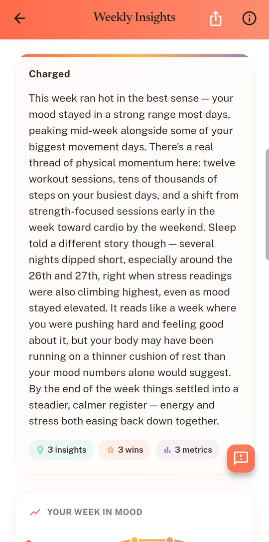 A weekly insights report written as a narrative, with insight, win and metric counts