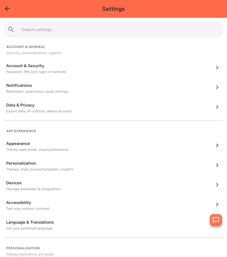 Settings screen showing privacy controls and data export options